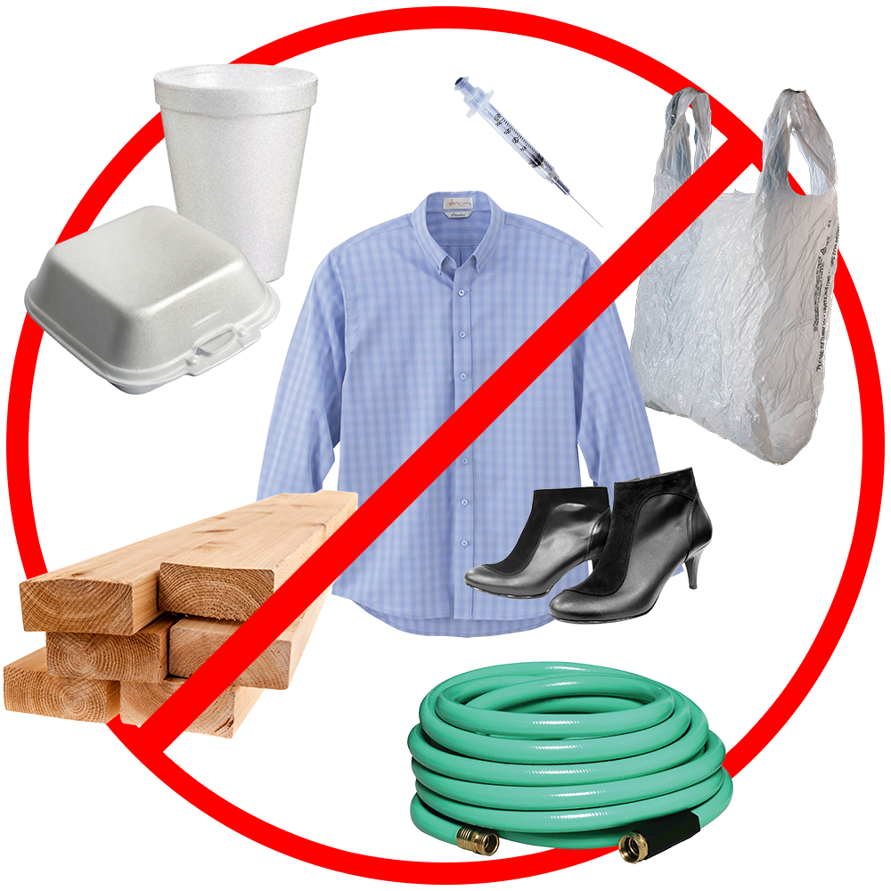 Image of Styrofoam, clothing, plastic bags, wood and garden hoses