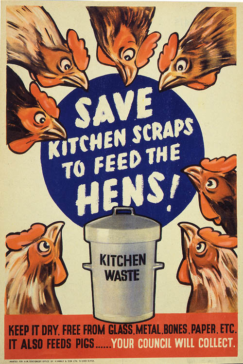Vintage war poster with drawing of hens. "Save kitchen scraps to feed the hens."