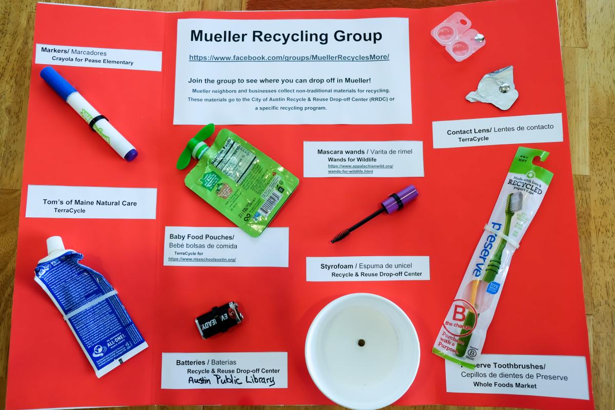 A bright red poster with detailed recycling instructions for the Mueller Recycling Group.