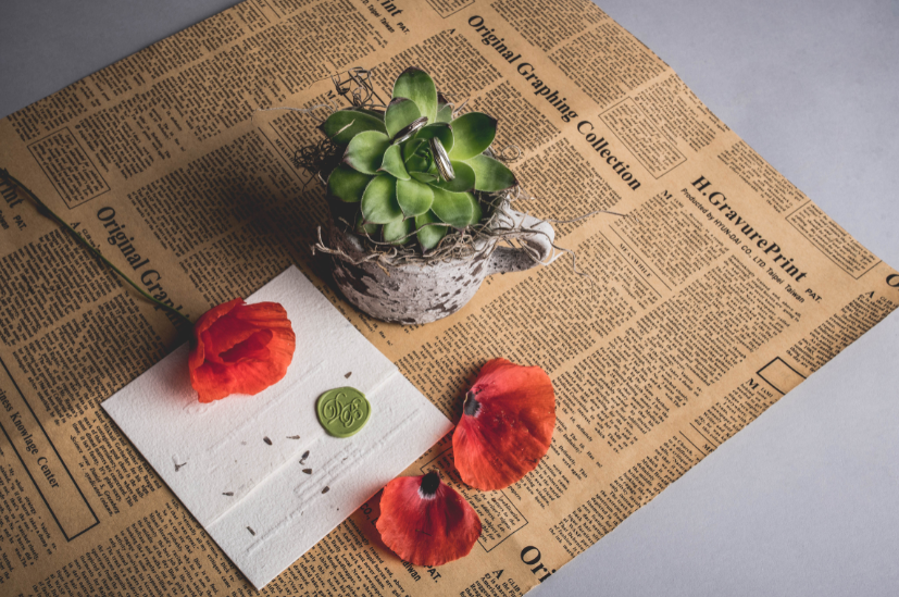 Orange flower and card on top of newsprint with a succulent in a pot nearby.