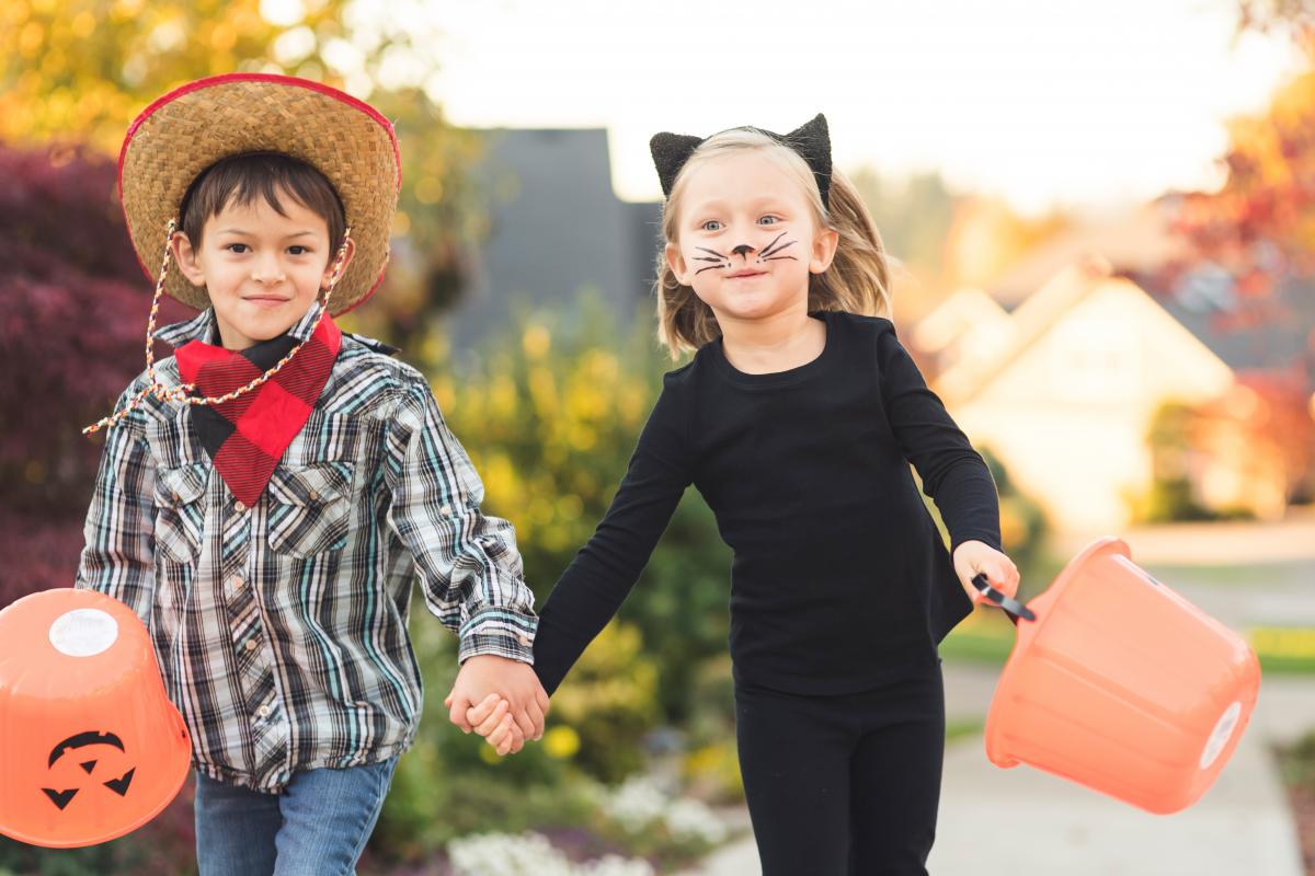 two children are dressed in homemade costumes: a cowboy and a cat.